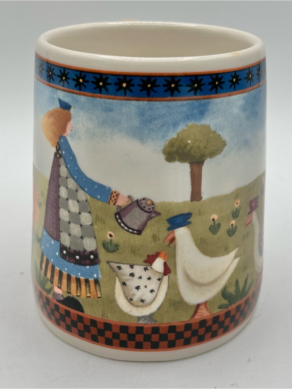 Williraye Studio Girl Feeding Ducks Mug Ceramic Cat Bird Sunflower 12 oz